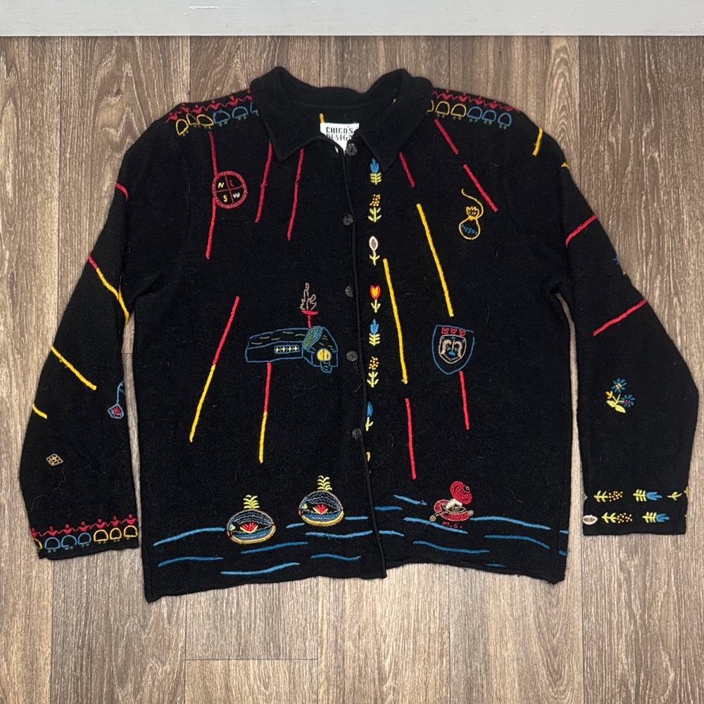 Chico's Black Cardigan with Multicolor Embroidery Sweater Women’s Size 2 - Picture 14 of 14